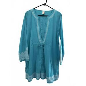 NEW Tropical Escape Women's Cover Up Large Blue White Embroidered Beach Pool